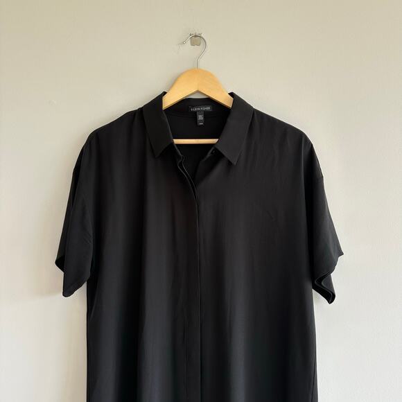 Eileen Fisher Silk Georgette Button Up Shirt Midi Dress Black M - Picture 3 of 9